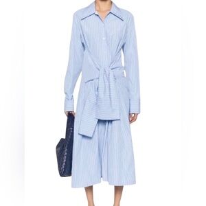 Jil Sander Cotton Poplin Stripe Long Sleeve Collared Tie Waist A-Line Midi Dress